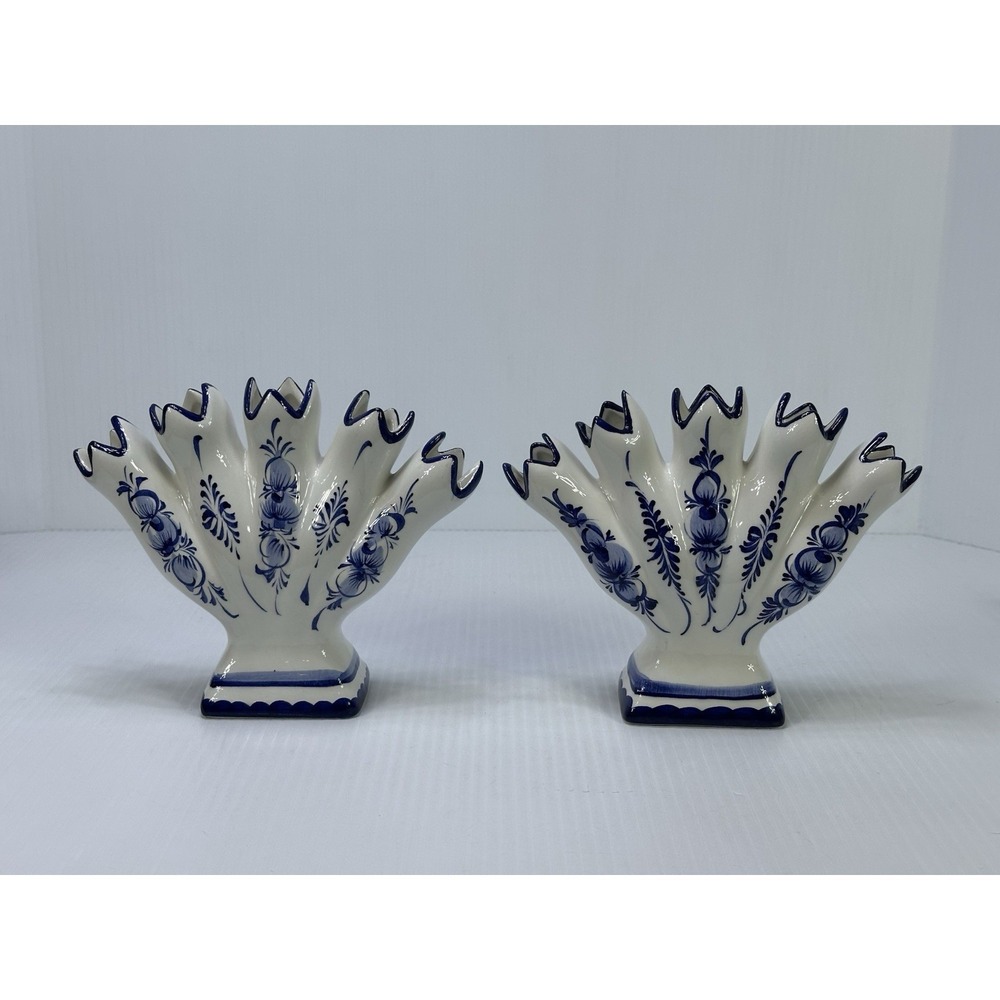 2 Vintage Ceramic Handpainted  5 1/2" Blue White Fringer Vase Made In Portugal